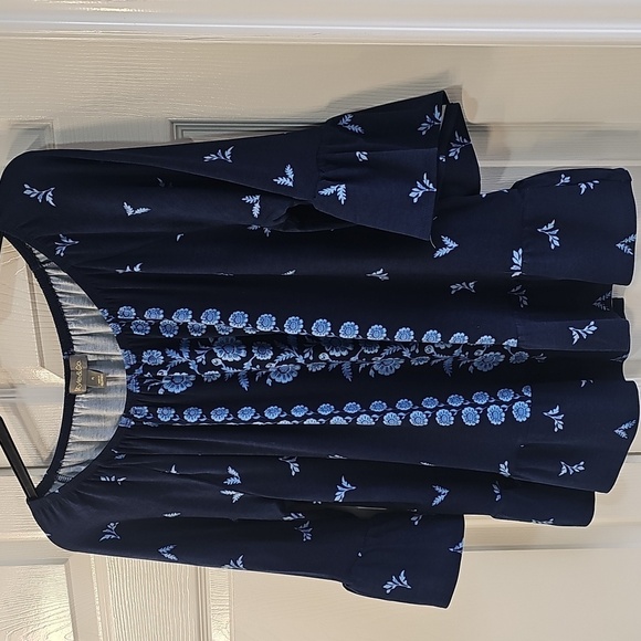 NWT Style & Co. Petite Printed Ruffled Top Scoop Neck 3/4 Sleeved Large Blue PL - Picture 4 of 9